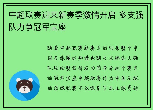 中超联赛迎来新赛季激情开启 多支强队力争冠军宝座