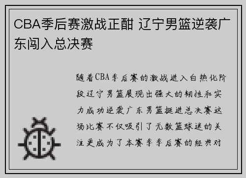 CBA季后赛激战正酣 辽宁男篮逆袭广东闯入总决赛